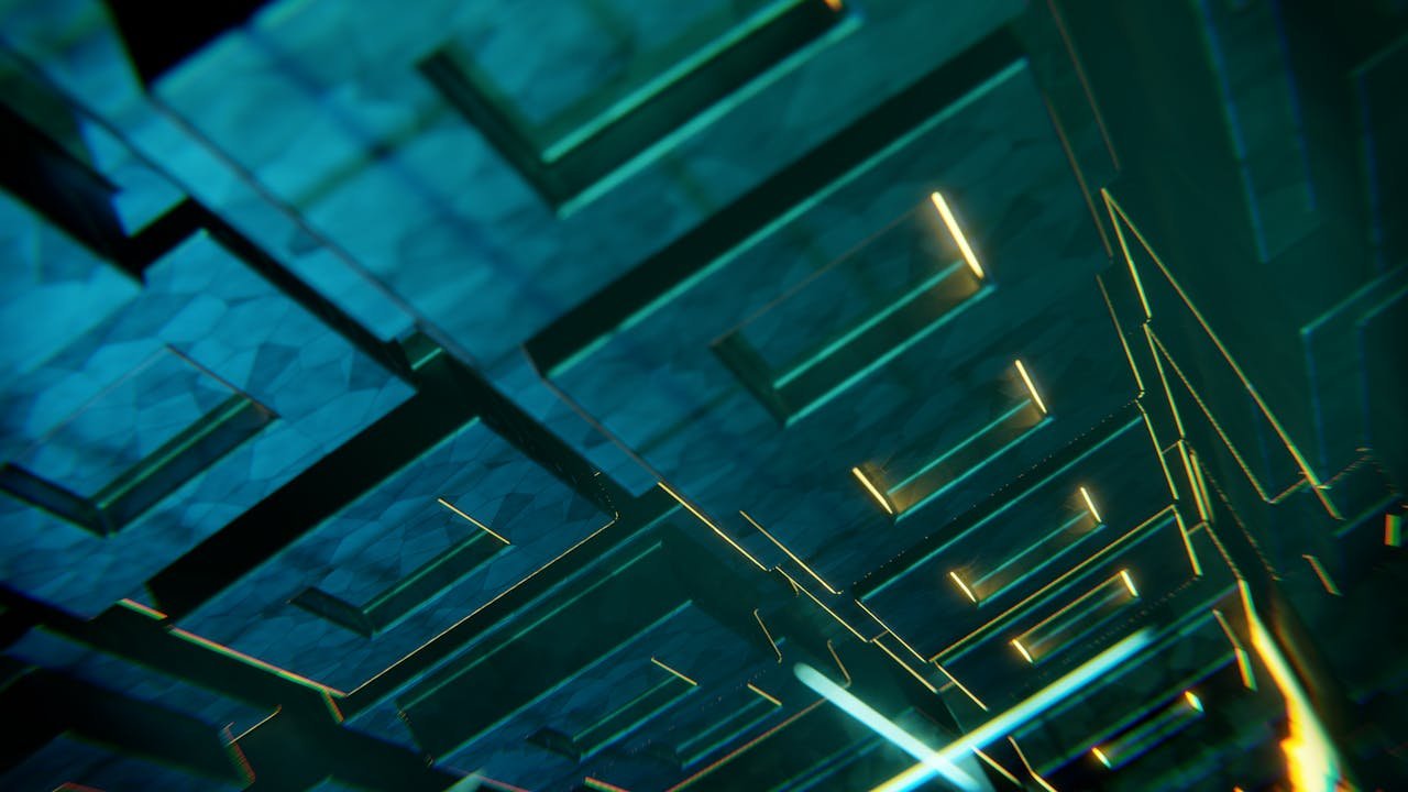 Services Abstract digital art featuring futuristic geometric patterns with vibrant neon lighting.